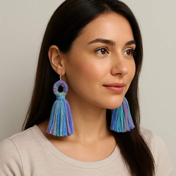 Handmade Colorful Yarn Tassel Statement Earrings Boho Festival Jewelry 4.25" L - Picture 1 of 5